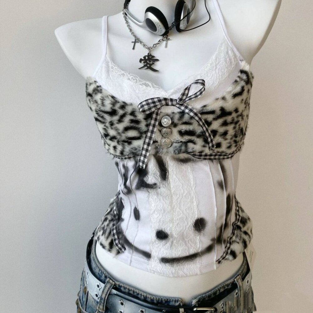 Kitten Print Patchwork Leopard Lace Slim Top - image 1